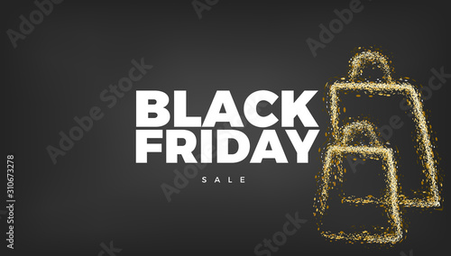 Black Friday Sale vector design. Black golden background with gold sparkler light, shopping boxes festive decoration banner template