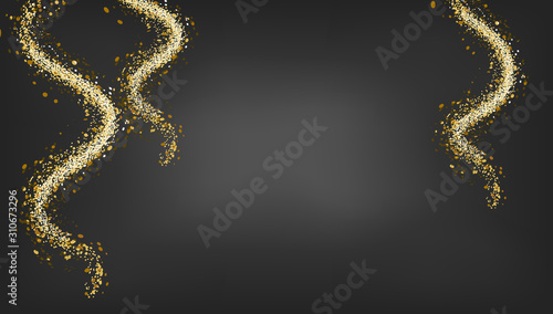 Black vector design. Black golden background with flying gold confetti festive decoration, web, email or print banner layout template