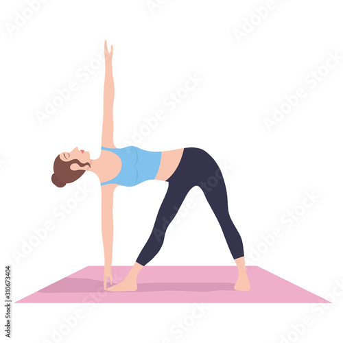 Young woman performing physical exercises. Bundle of female cartoon character demonstrating yoga position isolated on white background. Colorful flat vector illustration
