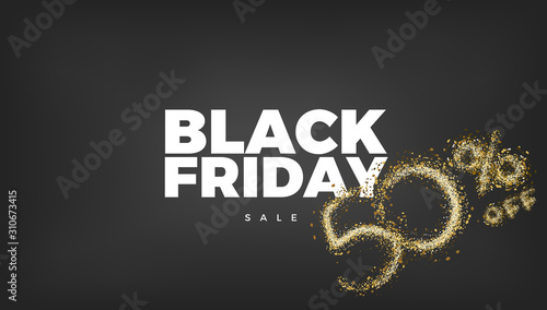 Black Friday Sale vector design. 50% discount golden background with gold sparkler light festive decoration, web, email or print banner layout template
