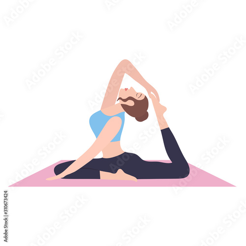 Young woman performing physical exercises. Bundle of female cartoon character demonstrating yoga position isolated on white background. Colorful flat vector illustration