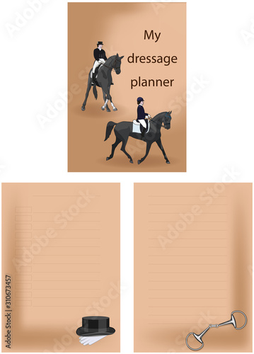 Set of three pages for a dressage planner. Cover with images of riders and an example of the inscription. Planner page and note page are with lines for notes.