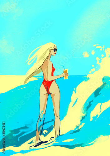 girl on the beach with glass of juice 
