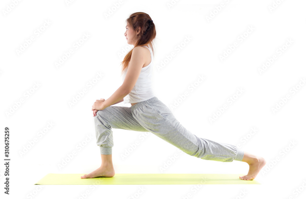 Caucasian woman practicing yoga concept of healthy life and natural balance between body and mental development on white background Caucasian woman practicing yoga concept of healthy life and natural balance between body and mental development on white background