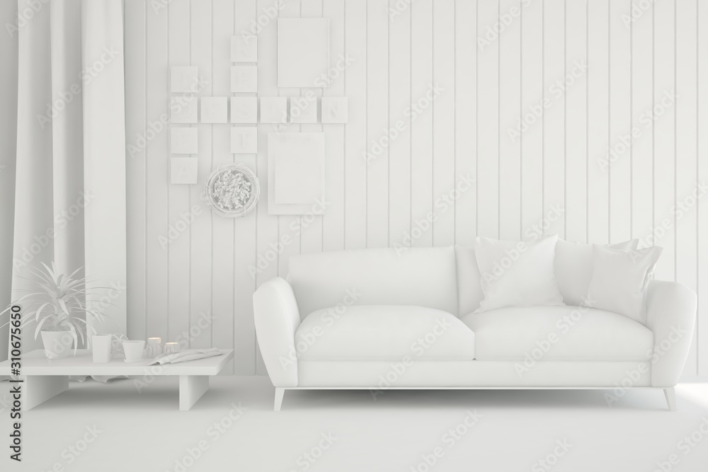 Mock up of stylish room in white color with sofa. Scandinavian interior design. 3D illustration Mock up of stylish room in white color with sofa. Scandinavian interior design. 3D illustration