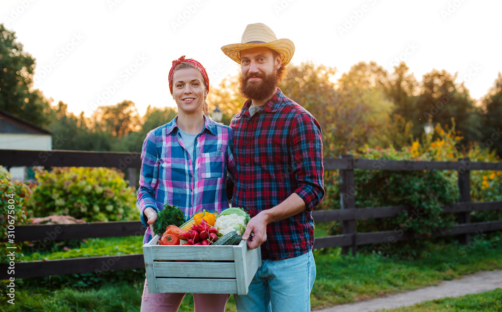 Obraz premium A man and a woman holding a box with a crop of farm vegetables background of the garden.