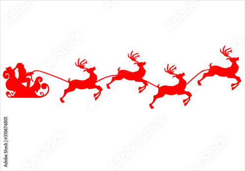 Christmas reindeers are carrying Santa Claus in a sleigh with gifts. silhouette on a white background