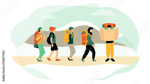 Cartoon characters hiking people backpacking vector illustration