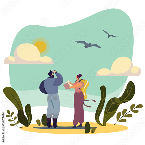 Birdwatching people cartoon character nature vector illustration