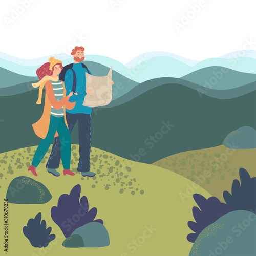 Romantic couple hiking in mountains, vector illustration