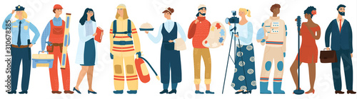 People occupation vector professional man and woman in uniform of firefighter, police officer and astronaut. Workers of different professions actress and businessman isolated on white background