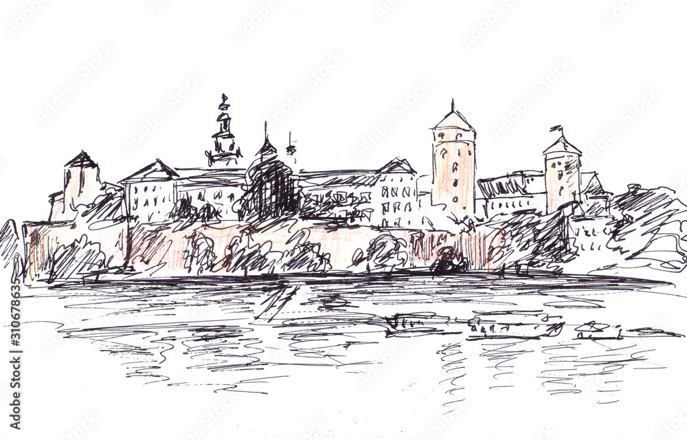 Fototapeta premium black and white sketch, Wawel castle in Krakow, country name - Poland