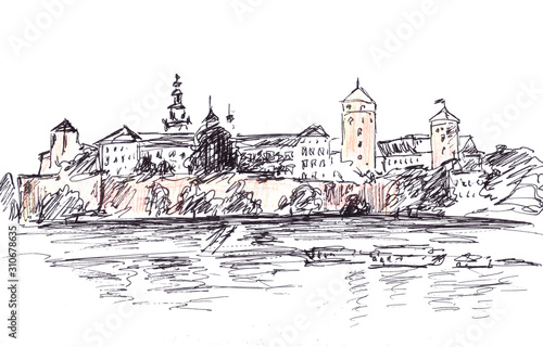 black and white sketch, Wawel castle in Krakow, country name - Poland photo