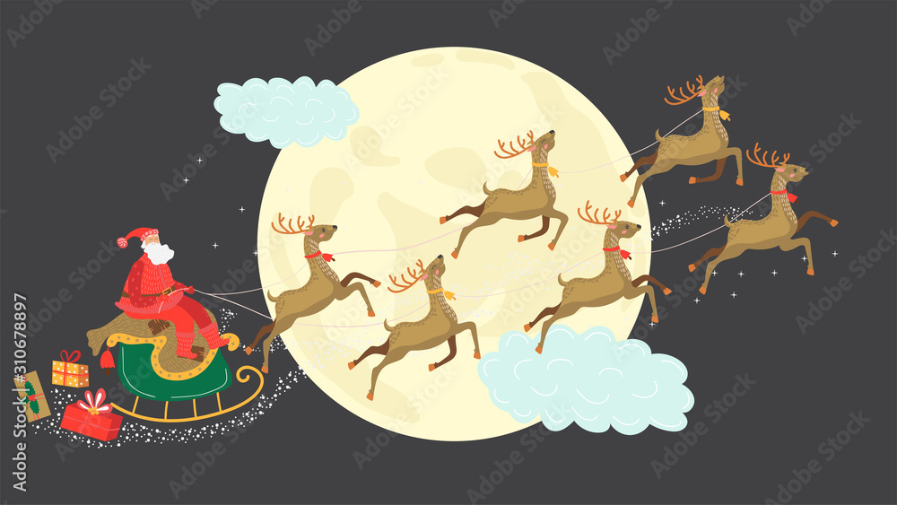 Obraz premium Santa Claus riding sleigh, flying deers Christmas eve, vector illustration
