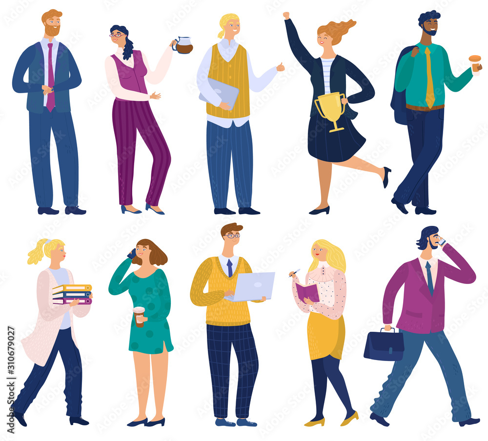 Fototapeta premium Business people in office. Professional workers characters. Man working on laptop. Happy woman speaking to mobile and drinking coffee. Illustration set of managers isolated on white background