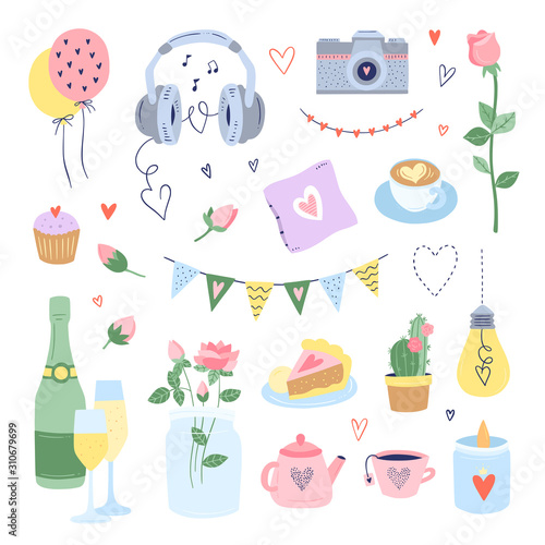 Romantic vector illustrations set on white background. Gentle love objects and symbols. Graphic collection for celebration Saint Valentine's Day and weddings