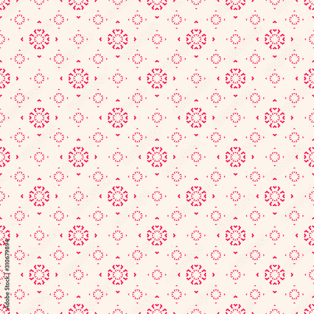 Subtle minimalist seamless pattern. Simple vector minimal geometric texture. Abstract red and white background with small floral shapes, snowflakes. Delicate repeat design for decor, wallpapers, web