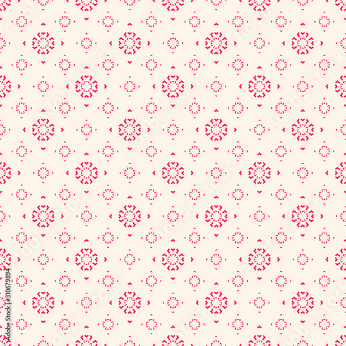 Subtle minimalist seamless pattern. Simple vector minimal geometric texture. Abstract red and white background with small floral shapes, snowflakes. Delicate repeat design for decor, wallpapers, web