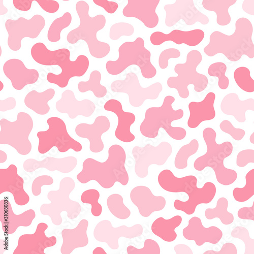 Vector seamless pattern with chaotic spots, liquid shapes. Cute modern texture in pastel colors, white and pink. Elegant abstract colorful background. Camouflage print. Simple repeatable design