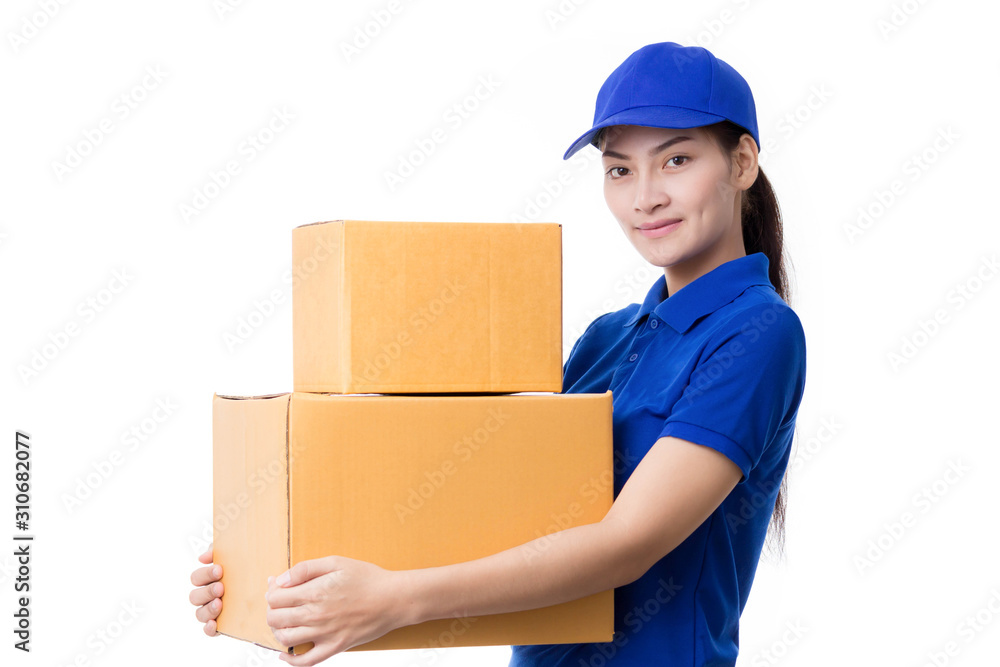 delivery woman holding pile of cardboard boxes in front with copy space clipboard clipping path delivery woman holding pile of cardboard boxes in front with copy space clipboard clipping path