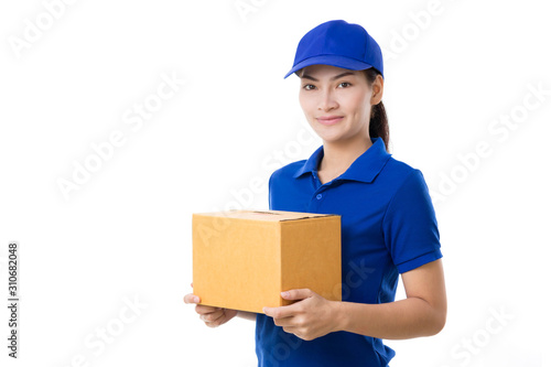 Delivery  Woman  accepting a delivery of boxes from delivery woman with copy space. Advertising, Business, Transportation Concept  clipping path © SizeSquare's