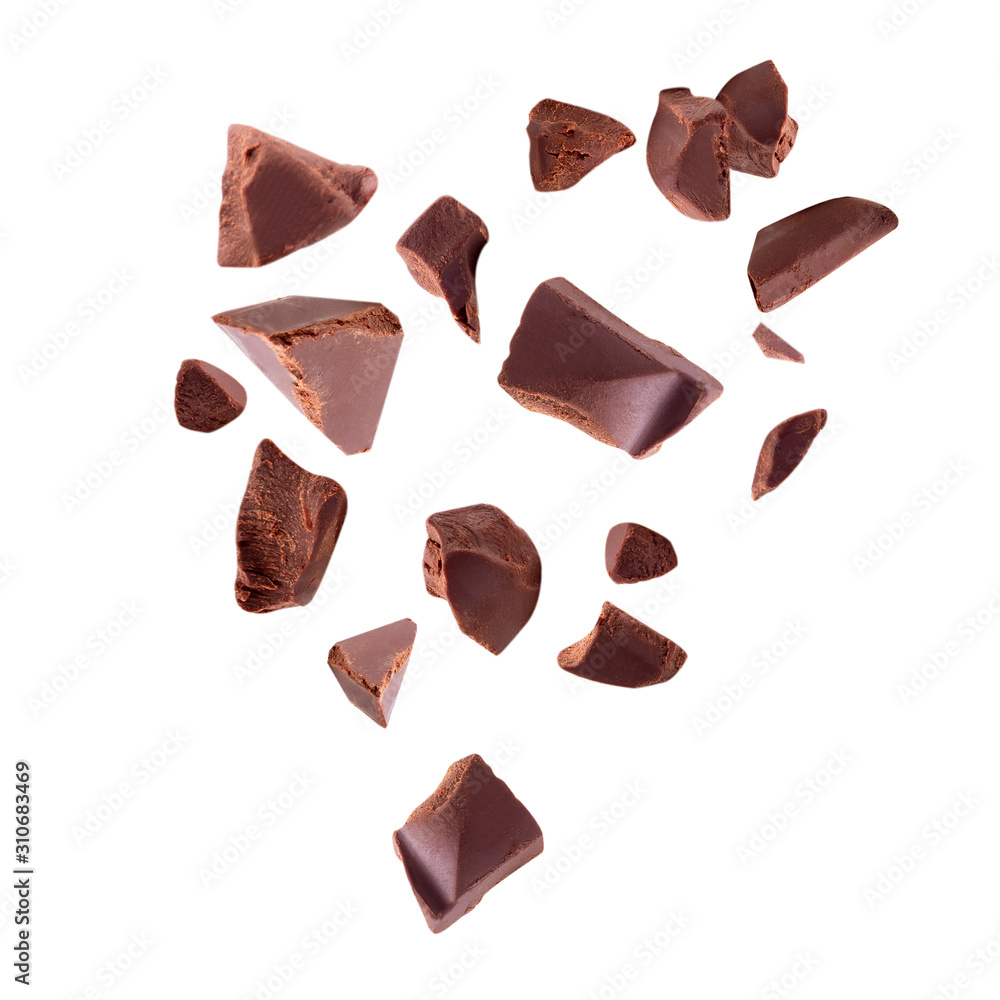 Milk chocolate pieces on  white isolatedchocolate.  Clipping Path Image stack Full depth of field macro shot