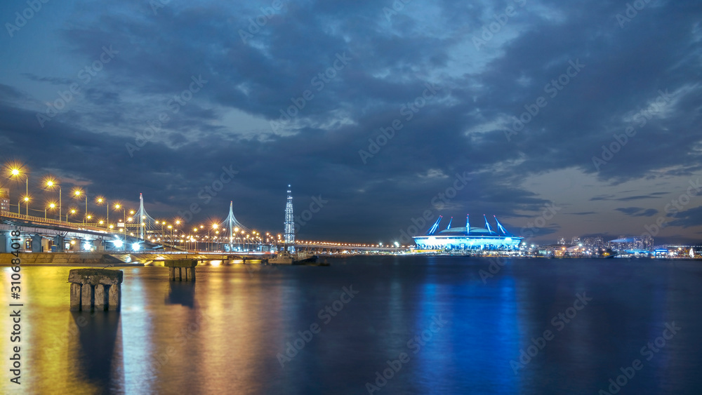  Petersburg Russia night landscape of modern city , view of the cable-stayed bridge over the Neva River, Stadium and the  tower.