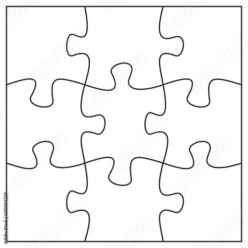 9 jigsaw pieces template. Nine puzzle pieces connected together. photo