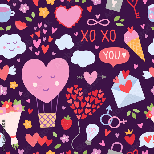 Romantic seamless pattern. Vector repeat graphic print with hearts, flowers, love letters and sweet food. Decorative design for celebration Saint Valentine's Day and weddings