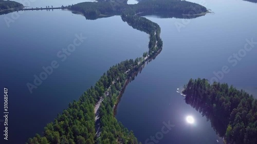 Aerial view of ridge forest road in Punkaharju, Finland.