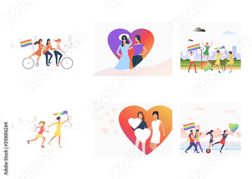 LGBT march set. Gay couples carrying rainbow hearts and flag, celebrating pride. Flat vector illustrations. Homosexuality, tolerance concept for banner, website design or landing web page