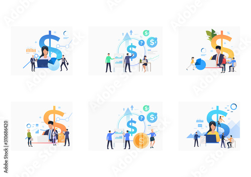 Finance management set. Investors and accountants analyzing charts, using computers. Flat vector illustrations. Finance, money, income concept for banner, website design or landing web page