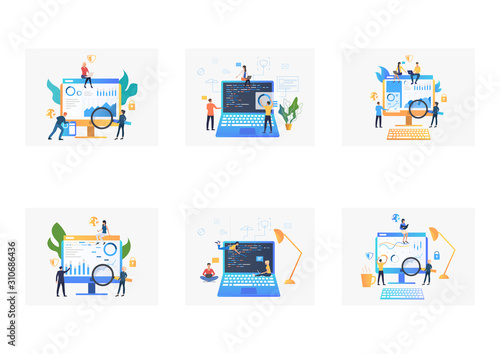 Data analysis set. Professionals analyzing charts, using computers, writing code. Flat vector illustrations. Marketing research, software concept for banner, website design or landing web page