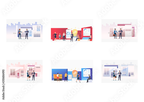 Property sale set. Real estate agent and customer meeting at building for sale. Flat vector illustrations. Business, partnership concept for banner, website design or landing web page