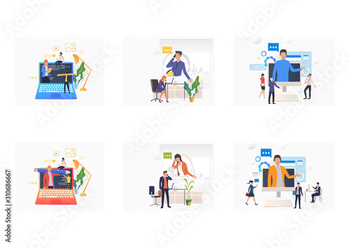 Wireless communication set. Businesspeople talking on cellphone, using laptop for video call. Flat vector illustrations. Digital technology concept for banner, website design or landing web page