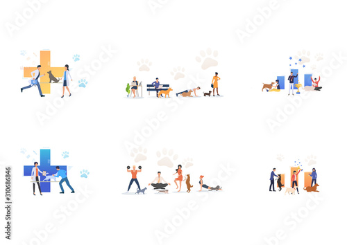 Pet companion set. Activities with cats, dogs and rabbit at home, visiting veterinary, dog show. Flat vector illustrations. Animal care concept for banner, website design or landing web page