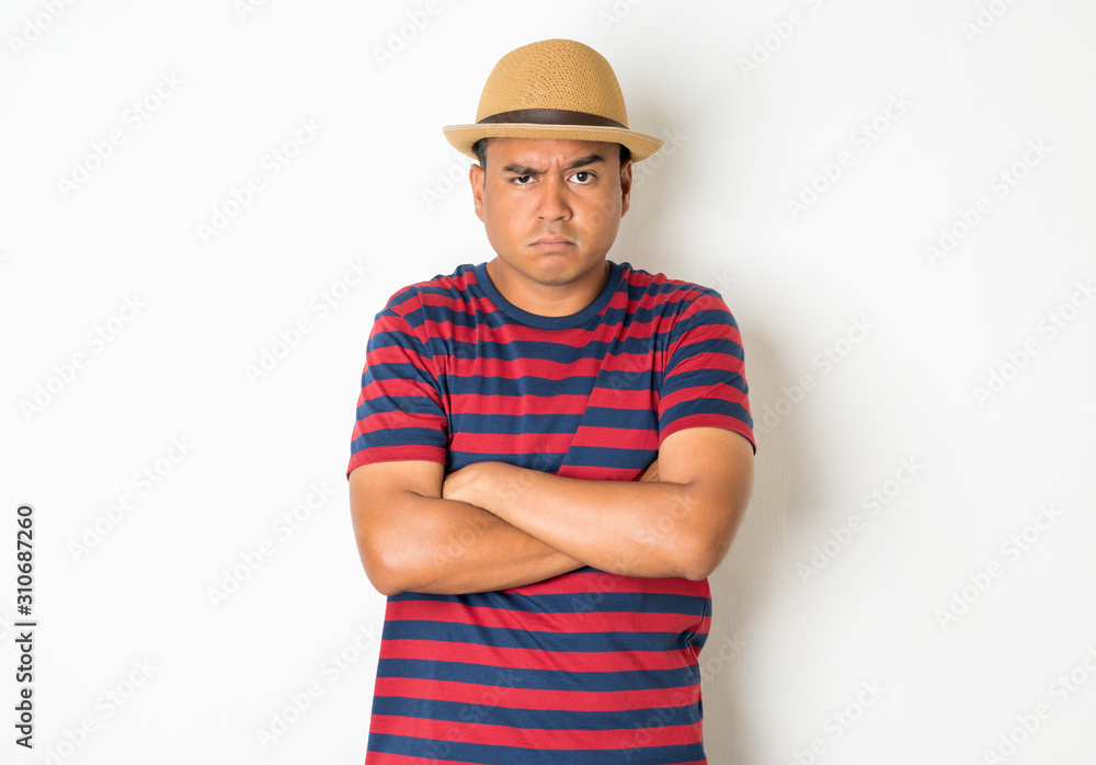Asian men around the age of 27-35 are thinking and making faces, confused, not understanding, wondering with something. This photo was taken in the studio. With a white background