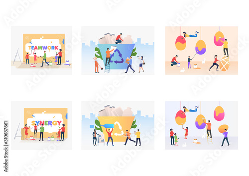 Working together set. People painting Easter eggs, sorting garbage, painting Purpose and Success words. Flat vector illustrations. Teamwork concept for banner, website design or landing web page