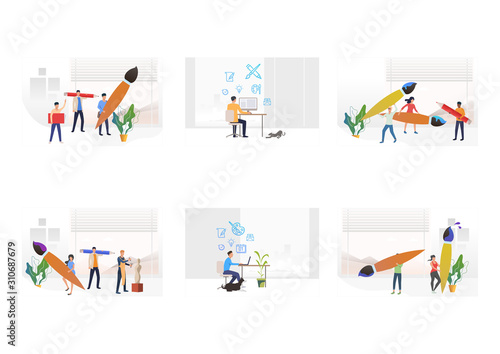 Occupation of art set. Artists, designers holding huge paintbrushes, pencils, using computer, sculpting statue. Flat vector illustrations. Art concept for banner, website design or landing web page