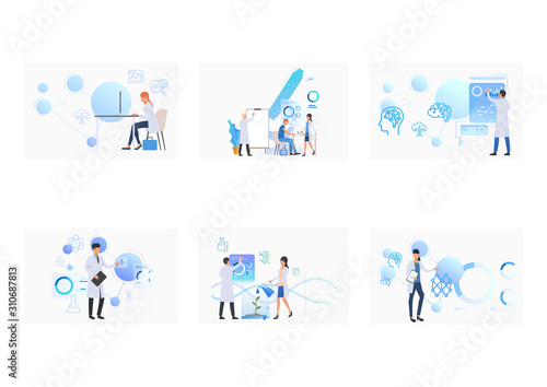 Scientific research set. Scientists working in lab, making experiments. Flat vector illustrations. Science, laboratory concept for banner, website design or landing web page