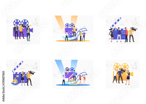 Making reportage set. Cameraman, reporter, director filming near clapping board or huge camera. Flat vector illustrations. Camera crew concept for banner, website design or landing web page