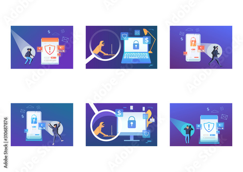 Hacker attack set. Cybercriminal using computer, caught with spotlight. Flat vector illustrations. Vulnerability, data safety concept for banner, website design or landing web page