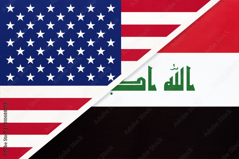 Naklejka premium USA vs Republic of Iraq national flag from textile. Relationship between two american and asian countries.
