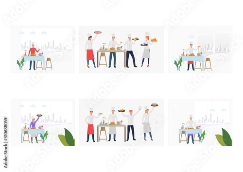 Chef competition set. Restaurant cooks presenting different dishes. Flat vector illustrations. Business, food concept for banner, website design or landing web page