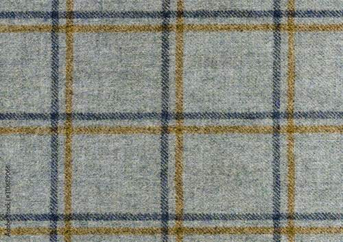 Photography Blue and Mustard color over check on grey woolen fabric
