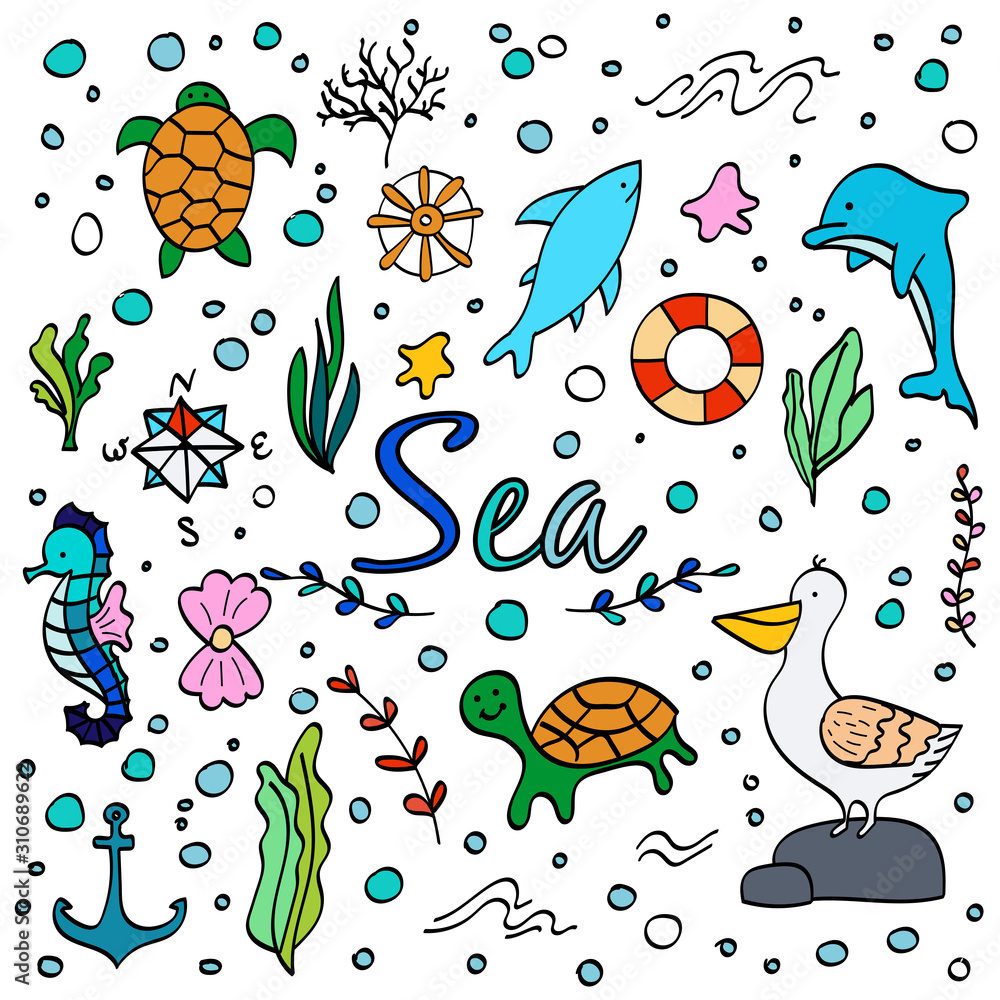 Obraz premium Set of cute sea animals doodle icons