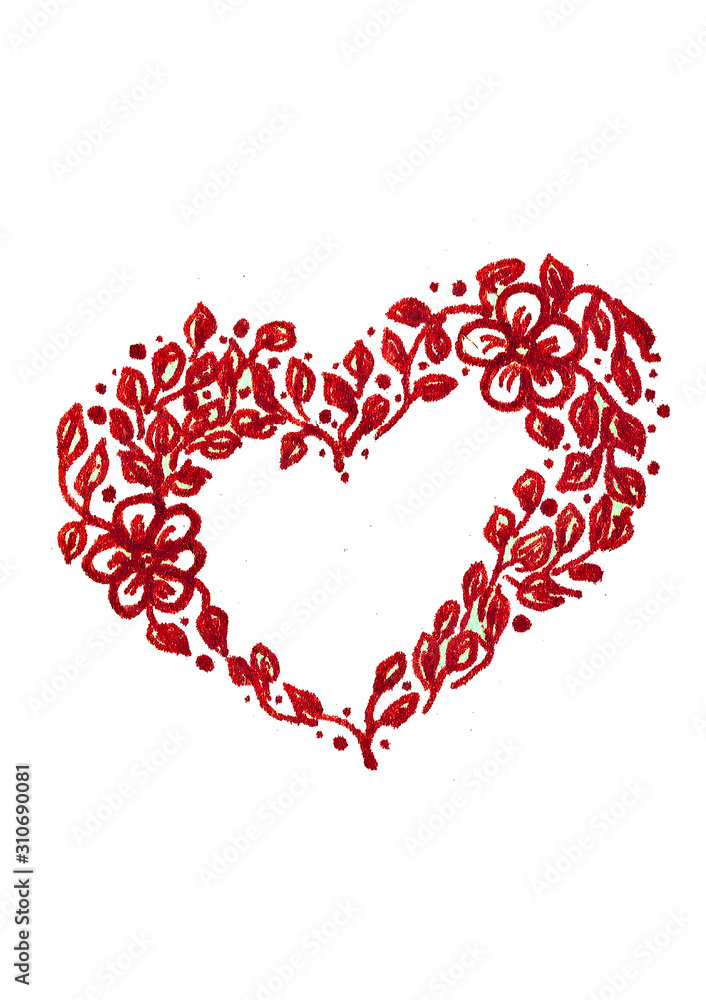 Hand draw illustration heart red openwork lace Valentine's day greeting card