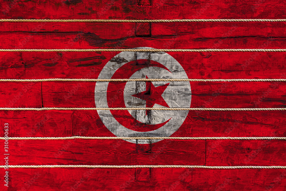 National flag  of Tunisia on a wooden wall background. The concept of national pride and a symbol of the country. Flags painted on a wooden fence with a rope