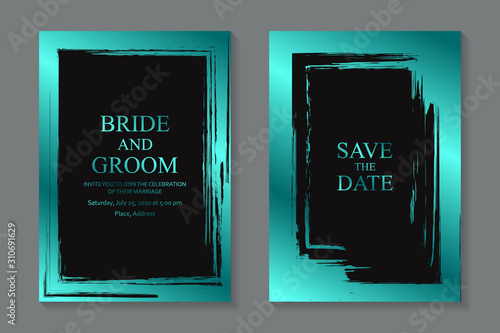 Set of modern luxury wedding invitation design or card templates for business or presentation or greeting with turquoise metallic grunge frame on a black background.