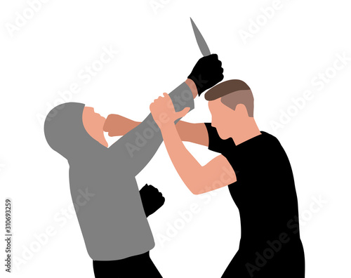 Kapap instructor demonstrates self defense techniques against a knife.Vector
